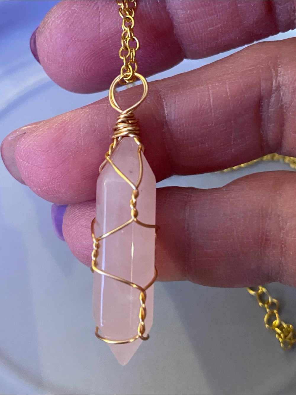 Gold Wire-Wrapped Rose Quartz Pendant Necklace - Women Jewelry
